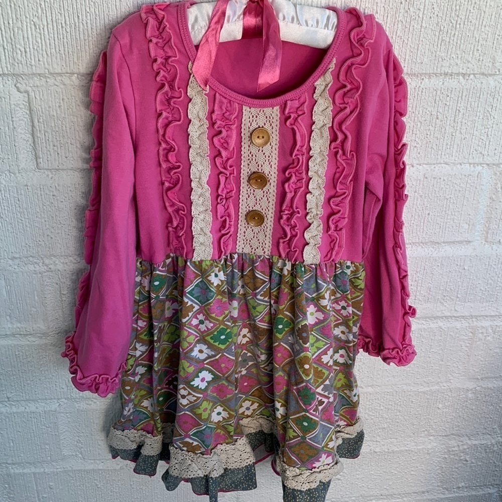 TuTu & Lulu Lace Ruffled Crochet Pink Floral Tunic Top Dress sz 7/8
